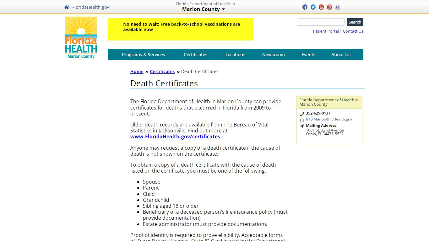 Death Certificates | Florida Department of Health in Marion