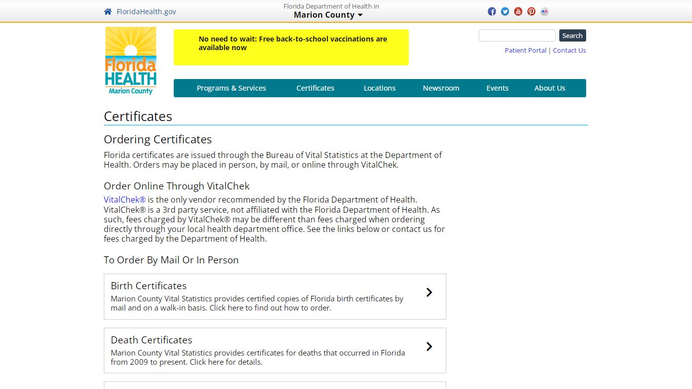 Certificates | Florida Department of Health in Marion